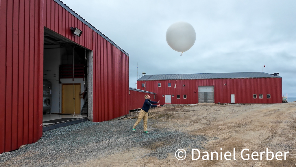 Start of a weather balloon at the Norsk Meteorologiske Stasjon, Bjørnøya, Svalbard