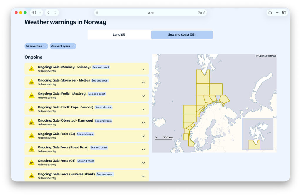 Screen shot from yr.no - weather warnings