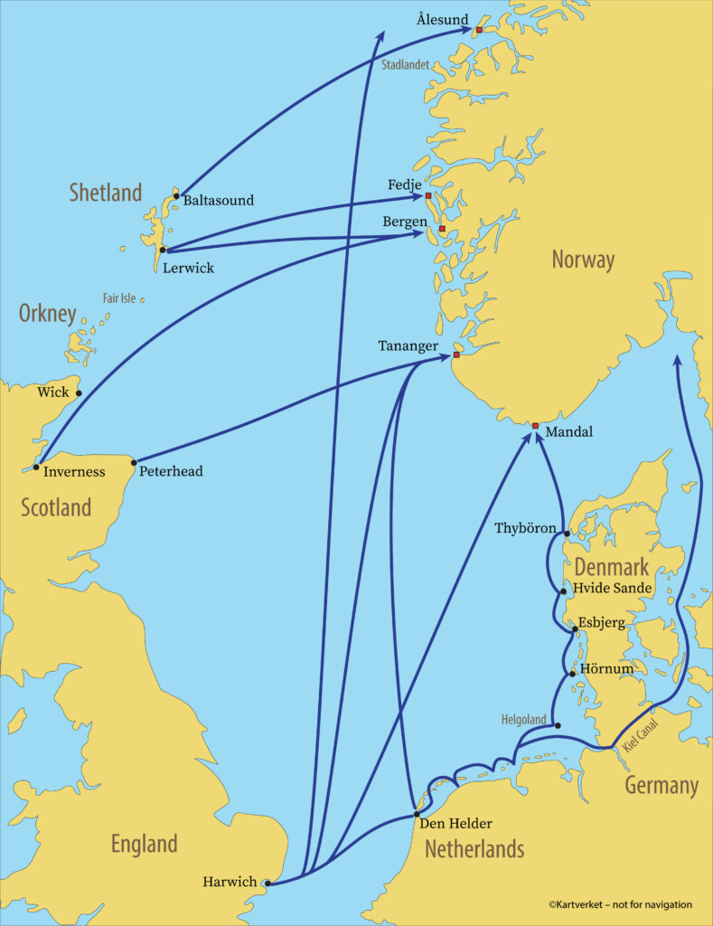 Overview map showing parts or Norway, EU and UK and sailing routes to Norway